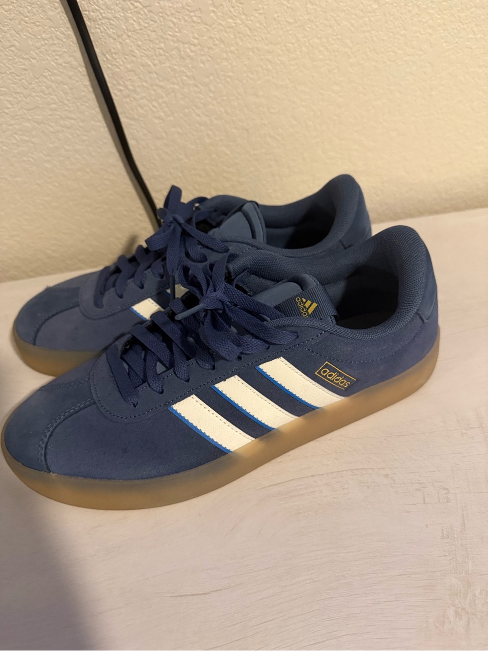 adidas Navy Suede Sneakers with White Stripes and Gum Sole